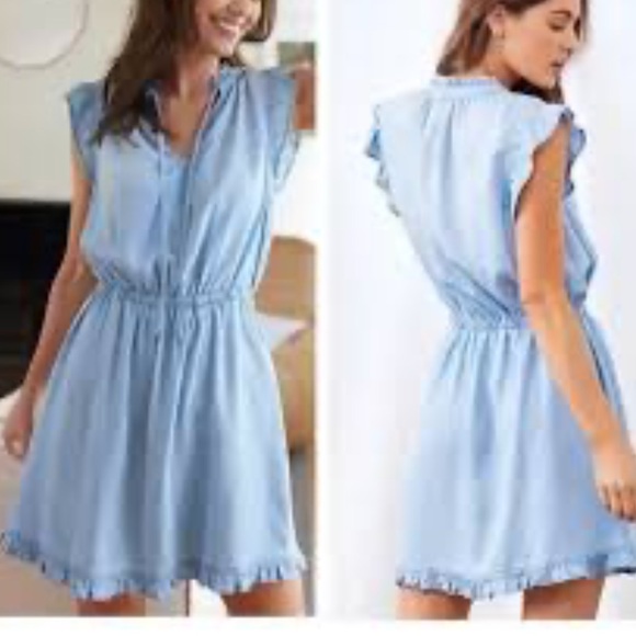 Bella Dahl Ruffle Sleeve Mini Dress Tencel Lycocell small Perennial Blue $165 - Picture 3 of 16